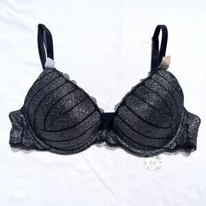 Etam France Push Up Bra 36C Silver Black Sparkle Underwire